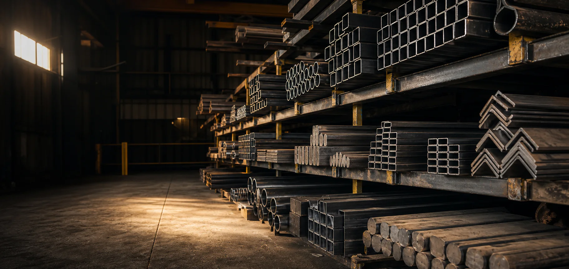 Organized steel tube, angle, channel, and solid stock in material racks