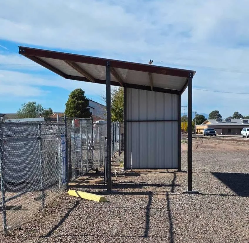 Steel equipment shelter shown from the side