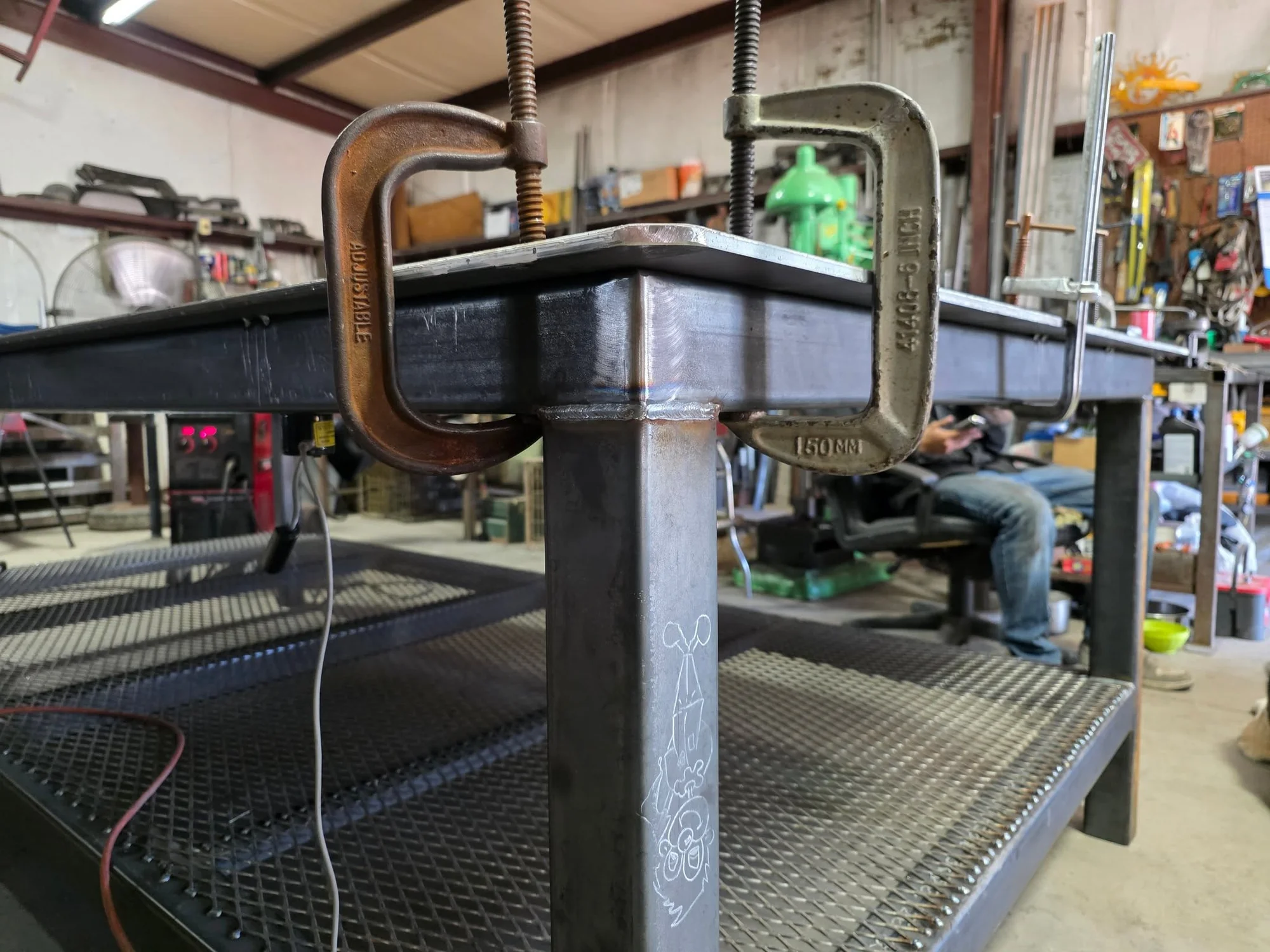 Heavy steel workbench during fabrication